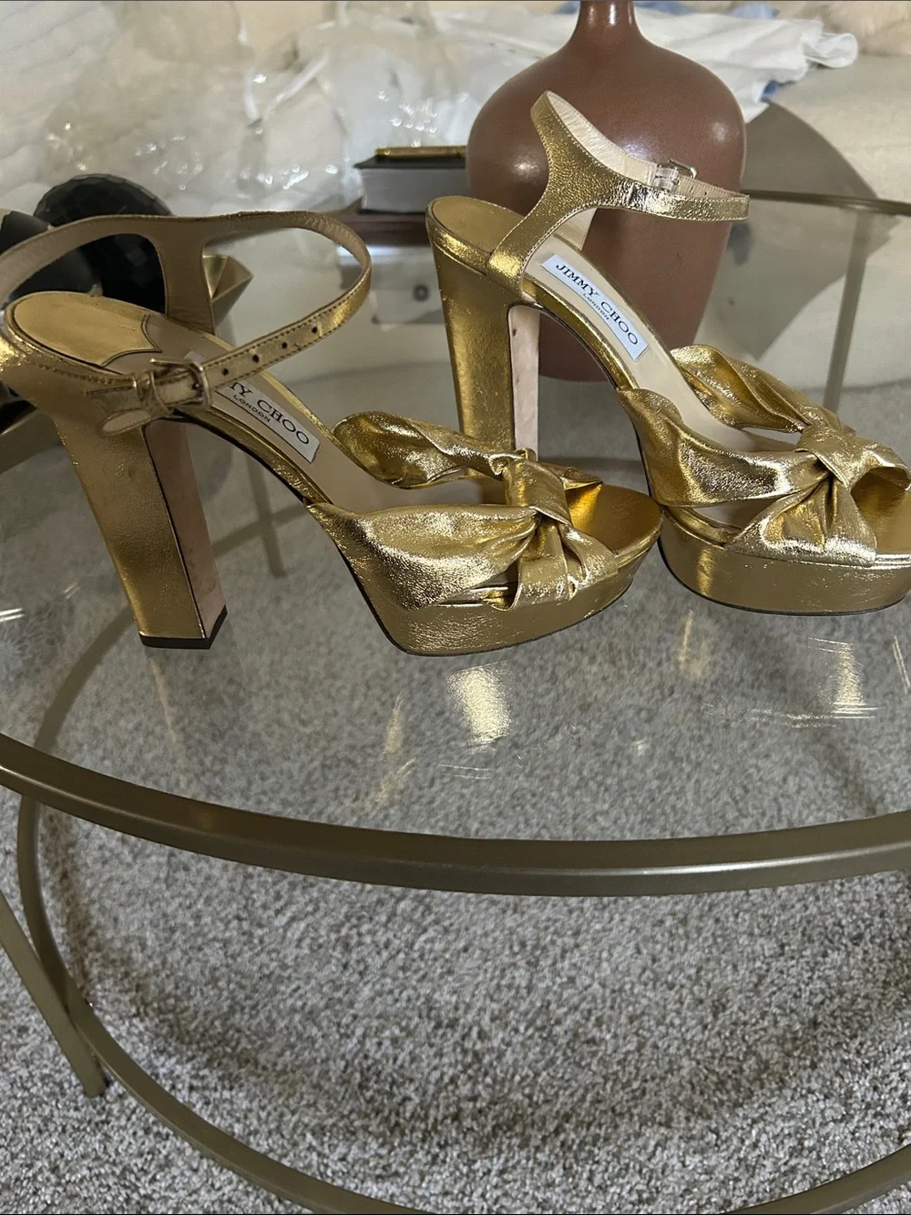 Jimmy Choo Metallic Gold Bow Block-Heel Sandals